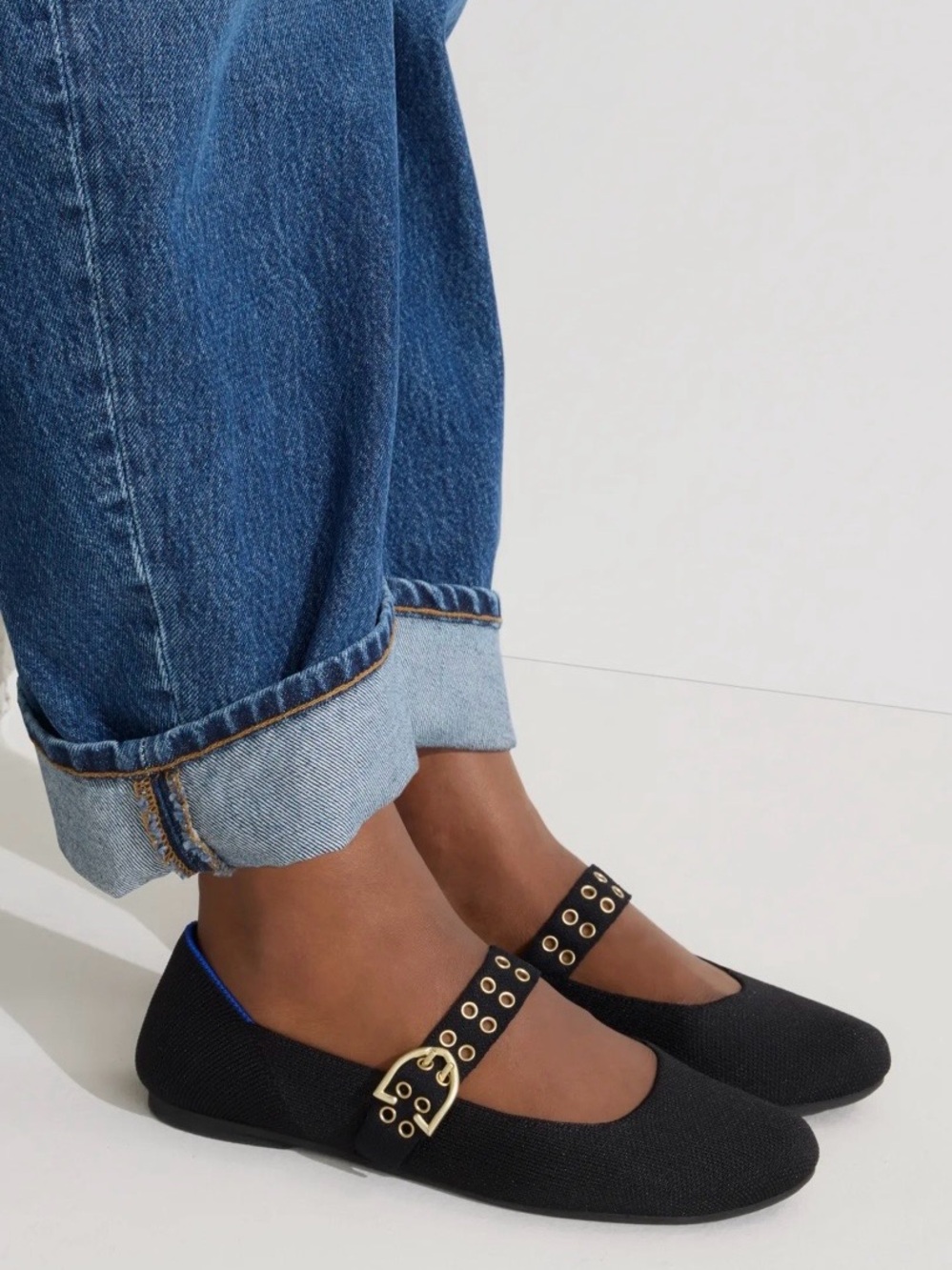 Rothy's Black Mary Jane Flats with Gold Buckle and Eyelet Strap